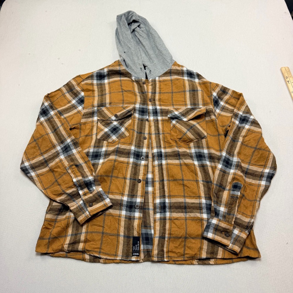 RSQ Hooded Flannel Shirt Mens Medium Orange Plaid Excellent Long Sleeve Button